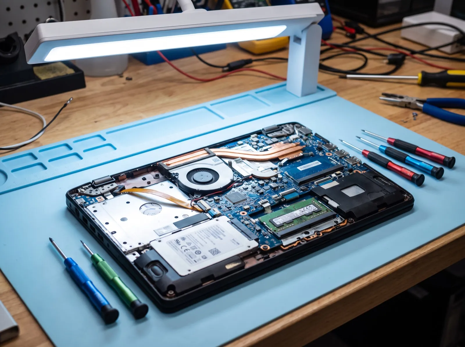 Laptop abierta por debajo con su disco y memoria a un lado, lista para mantenimiento